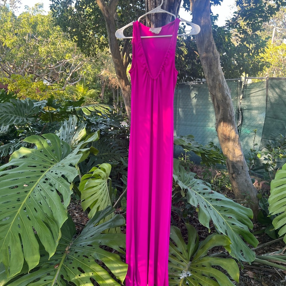 Anthropologie Scoop Neck Fuchsia/Hot Pink Maxi Dress with Slit